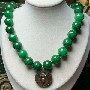 Green Jade 14mm Knotted Necklace with extender and Gold Bee/Stag Coin